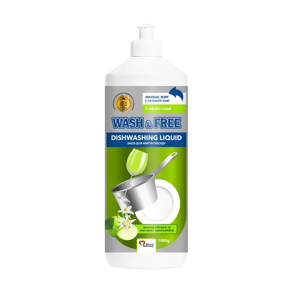 Засіб для миття посуду Wash &amp; Free Зелене яблуко та екстракт едельвейсу, 1 кг